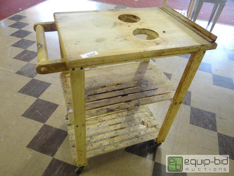 lot 138 image: Wood cart on wheels with 2 shelves....