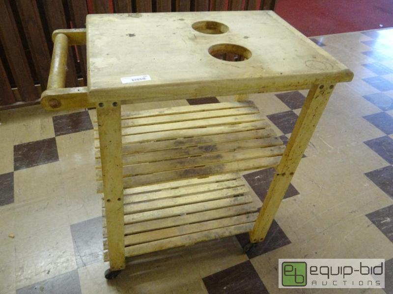 lot 145 image: Wood cart on wheels with 2 shelves....