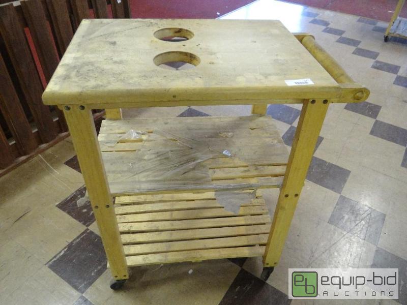 lot 147 image: Wood cart on wheels with 2 shelves....