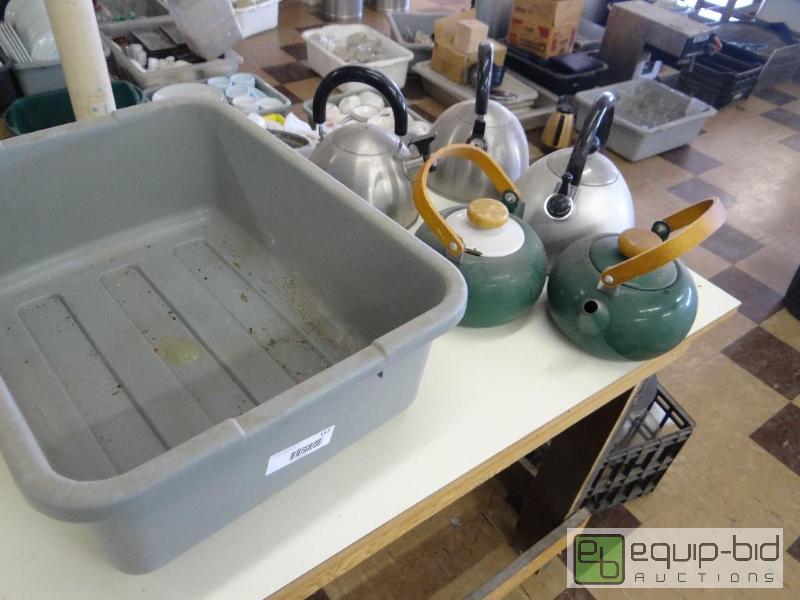 lot 157 image: Lot of 5 tea kettles and bus tub....