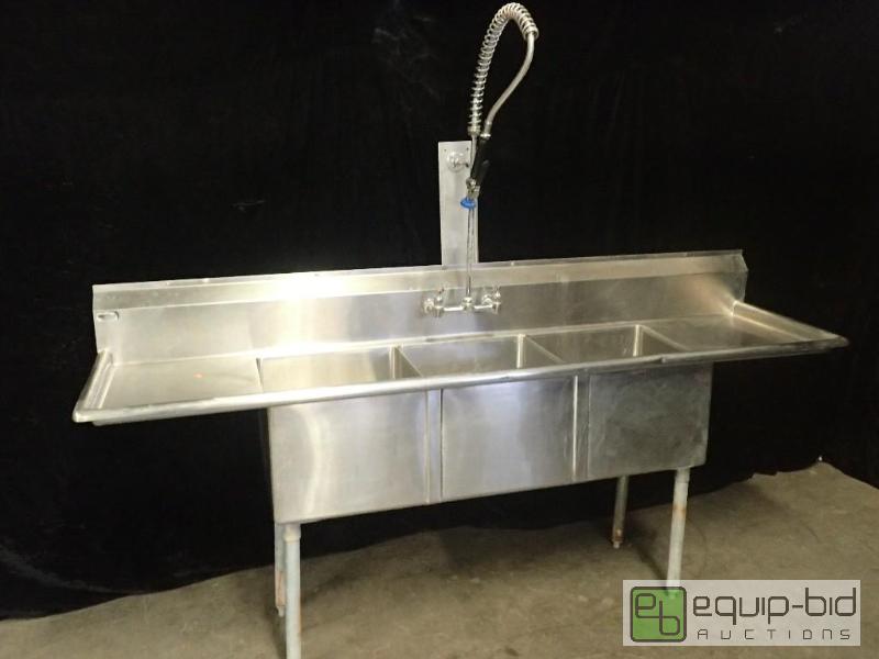 lot 1062 image: Stainless 3 Bay Sink w Drain Boards and Overhead Sprayer