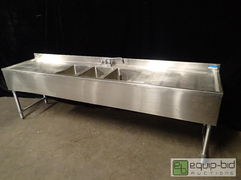 lot 7003 image: B and K All Stainless Bar Back Sink with 3 Wells and Drain Boards