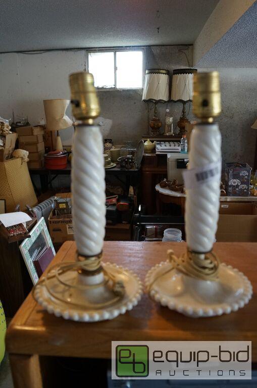 lot 718 image: Pair Milk Glass Hobnail Vanity Lamps