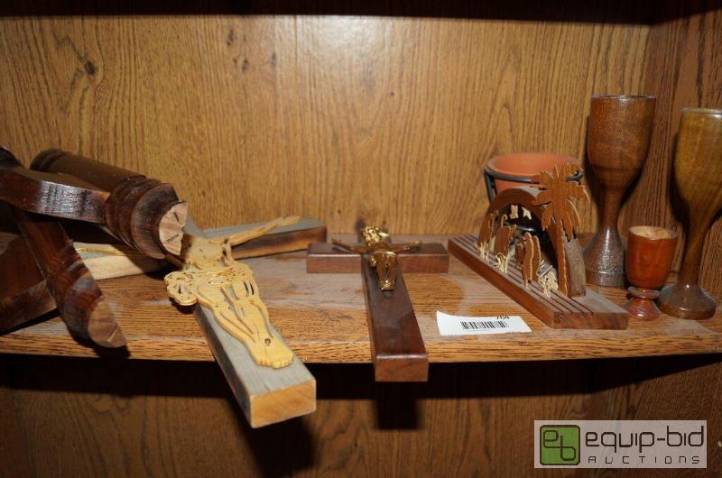 lot 764 image: Large Group of Wooden decor - monkey wood, crucifixes, communal cups