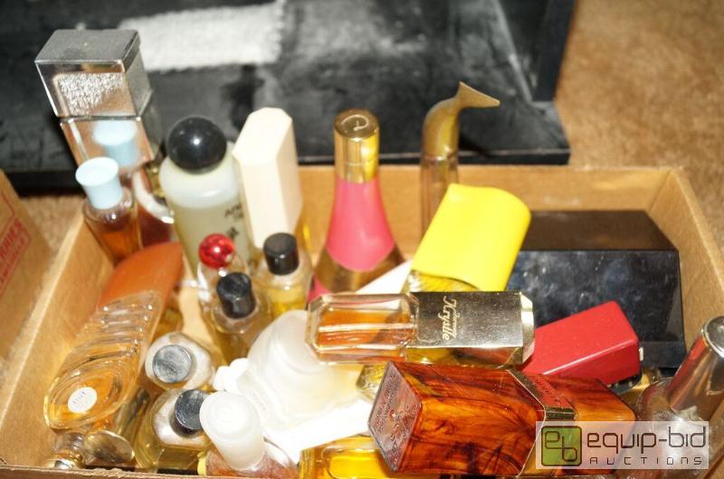 lot 775 image: Box full of Vintage Perfume Bottles - many Glass & Some Full