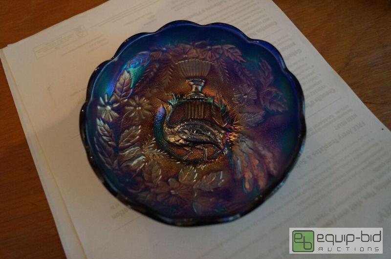 lot 799 image: Cobalt Carnival Glass Peacock Dish RARE