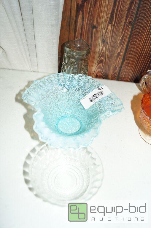 lot 803 image: Group Depression Glass Covered Bowl Ruffle Bowl Creamer