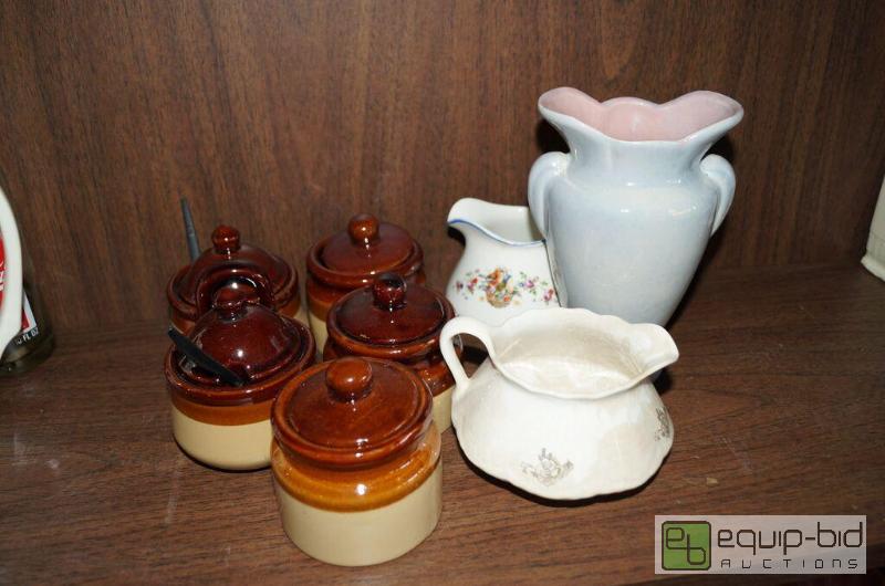lot 8063 image: Group includes Set of 5 Crockery Condiment Jars, Vases, Creamer, Napy and more