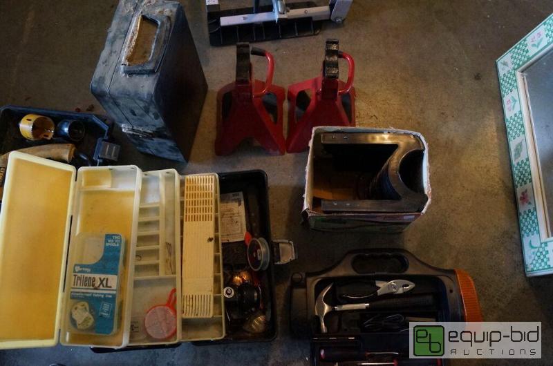 lot 8071 image: Large Group of Tools - Jack Stands, NIB Drain Hose Support, Tackle Box  Contents, Hand Tool Set 