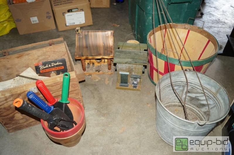 lot 8074 image: Large Group includes Folk Art Birdhouses, Metal Pail, Bushel Basket, Wooden Trunk, Pots & Tools