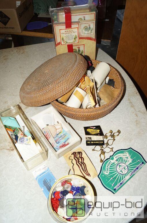lot 8078 image: Group includes Vintage Sewing Notions, Buttons, Pine Needle Basket, NIB Kitchen Organizer Set, MORE