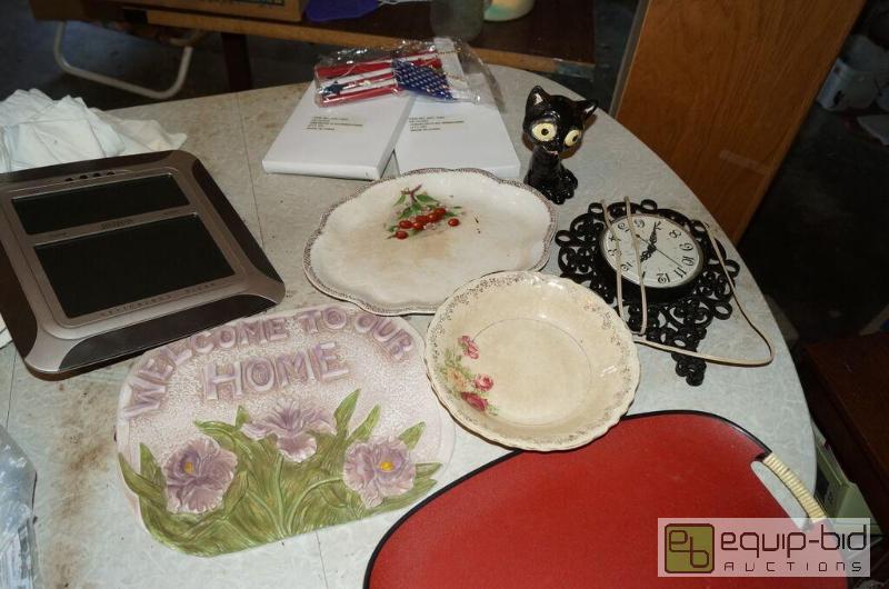 lot 8081 image: Another Group includes Antique Platters, Vintage Clock, Digital Display Clock, Plaque, NIB Items 