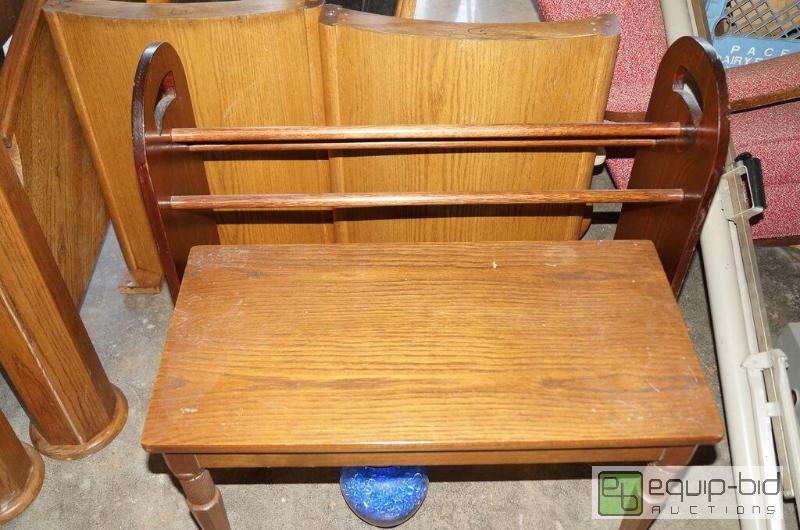lot 8083 image: Solid Oak Piano Bench  Solid Quilt Rack plus Glass Vase and Marbles