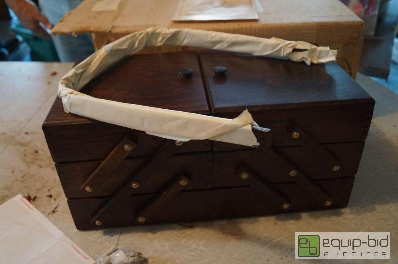 lot 8084 image: Brand New Solid Wood Folding Acordian Style Sewing Box  Spool Caddy