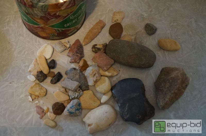 lot 8087 image: Group of Native American Indian Artifacts includes Arrowheads, Bird Points, Tomahawk, Rocks, More