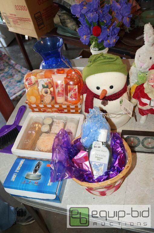 lot 8090 image: Group includes Antique Paper Mache Santa figure, Glassware, Many NIB Items, Barometer, Plaques, More