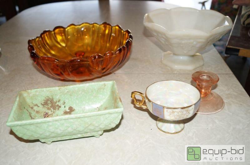 lot 8091 image: Mixed Group includes Depression Glass, Milk Glass Punch Bowl, Indiana Carnival Glass, Planter, More