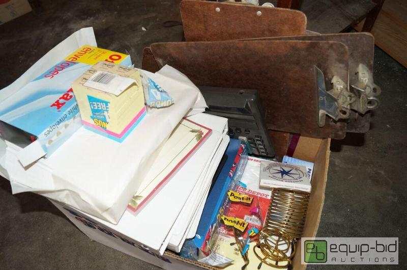lot 8100 image: Large Box of Office Supplies - clipboards, calculator, Penspencils, Folders, Post It Notes, Binders