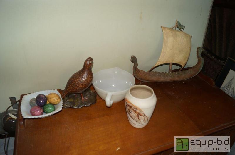 lot 8103 image: Group includes Marble Eggs, Nemadji Pottery, Roman Ship, Milk Glass Batter Bowl, Quail Large statue