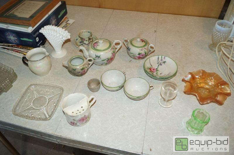 lot 8112 image: Large Group includes Carnival Glass Bowl, Depression Glass, FENTON Vase, Shaving Mug, Tea Set, Glass