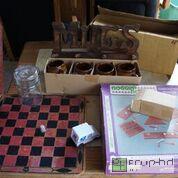 lot 8126 image: Group includes Vintage Games - some Wooden, Glass Jar, Mugs & Holder, US Mail Truck Stamp Despenser
