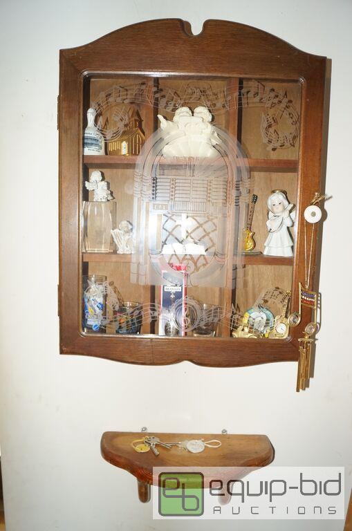 lot 8198 image: Wooden Curio Cabinet with Frosted Glass Jukebox Design  Small Solid Oak Clock Shelf