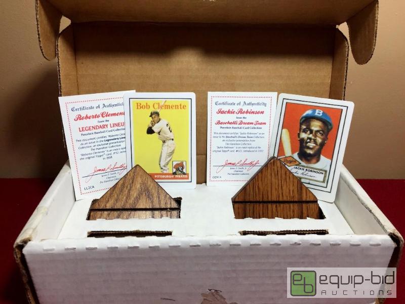 lot 1018 image: JACKIE ROBINSON  ROBERTO CLEMENTE TOPPS PORCELAIN CARDS FACTORY BOX - WOOD STAND - COA - AMAZING