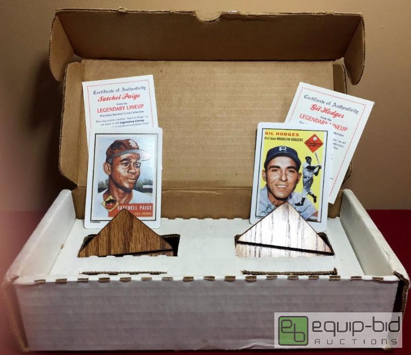 lot 1019 image: SATCHELL PAIGE  GILL HODGES TOPPS PORCELAIN CARDS - FACTORY BOX - WOOD STAND - COA - AMAZING