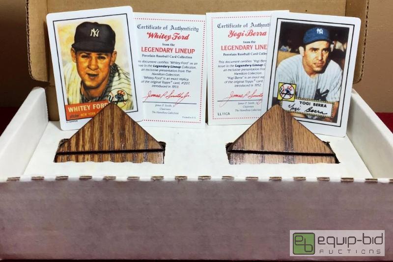 lot 1020 image: YOGI BERRA  WHITEY FORD YANKEE LEGENDS TOPPS PORCELAIN CARDS - FACTORY BOX - WOOD STAND - COA RARE