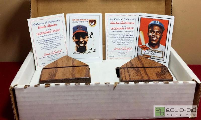 lot 1021 image: ERNIE BANKS  JACKIE ROBINSON TOPPS PORCELAIN CARDS - FACTORY BOX - WOOD DISPLAY - COA - MUST SEE