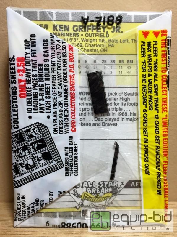 lot 1024 image: KEN GRIFFEY JR. 1989 FLEER ROOKIE CARD IN ORIGINAL FACTORY SEALED CELLO PACK - AMAZINGLY RARE BACK