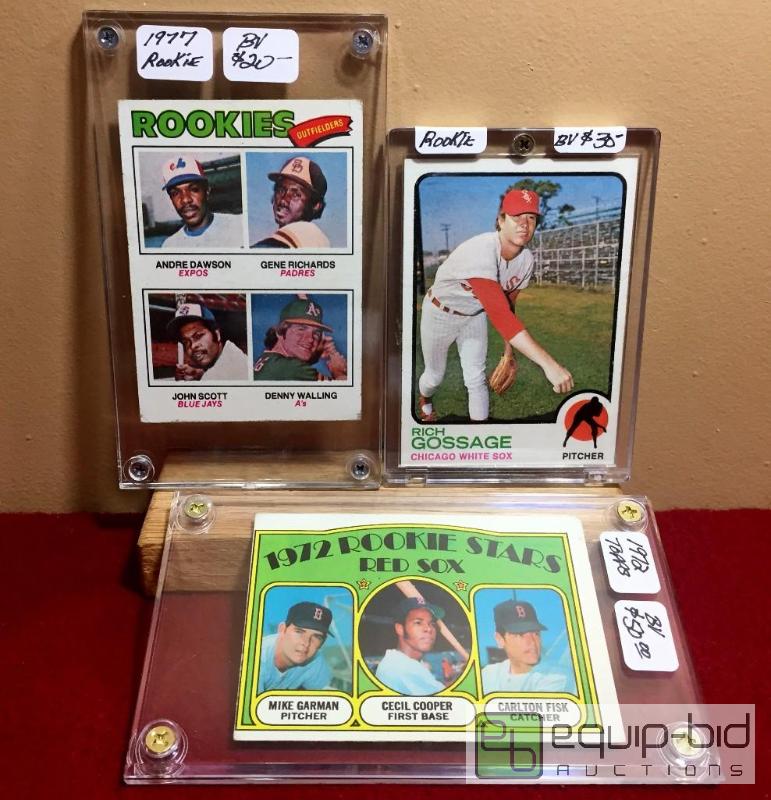 lot 1039 image: (3) AMAZING ROOKIE CARDS 1972 CARLTON FIRST 1973 GOOSE GOSSAGE 1977 ANDRE DAWSON - BOOK VALUE $100