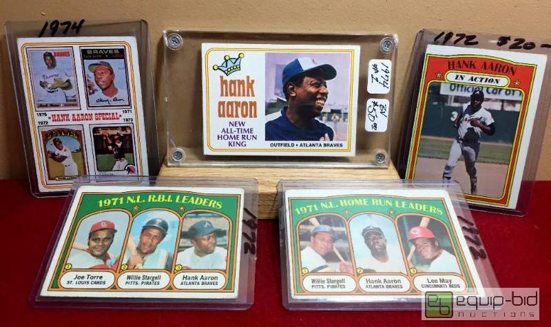 lot 1042 image: (5) VINTAGE CARD LOT HANK AARON - BOOK VALUE $90 PLUS - TRUE ALL TIME LEGEND AND HOME RUN KING