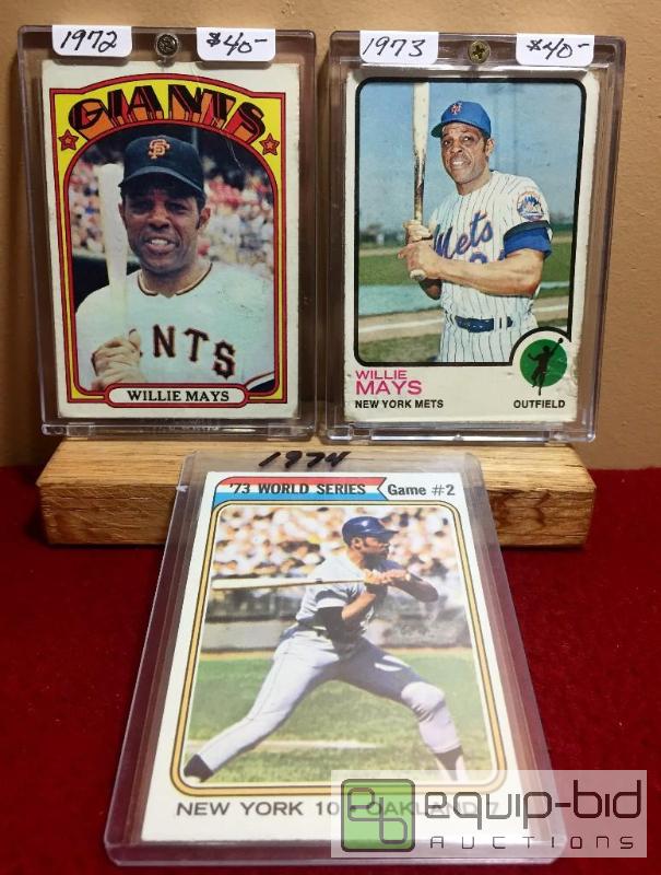lot 1043 image: (3) WILLIE MAYS VINTAGE CARD LOT - BOOK VALUE $80   SAY HEY KID ONE OF THE GREATEST OF ALL TIME