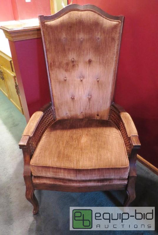 lot 164 image: Vintage Hollywood Regency Style High Back Velvet Arm Chair with Tufted Back and Wicker Rush Sides