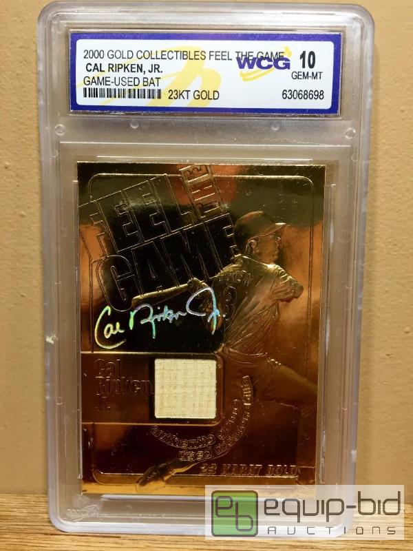 lot 1024 image: CAL RIPKEN JR 2000 Feel the Game Game Used Bat 23KT Gold Card Graded GEM MINT 10 - GRADED VALUE $150