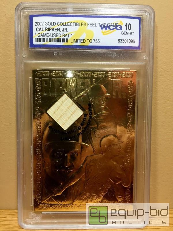 lot 1060 image: CAL RIPKEN JR 2002 Game Used Bat 23KT Gold Card Limited #755 Graded GEM MINT 10 - GRADED VALUE $150