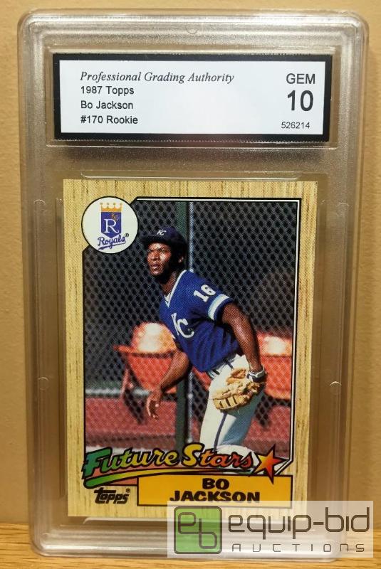 lot 1063 image: EXTREMELY RARE GEM MINT 10 - 1987 BO JACKSON TOPPS ROOKIE BASEBALL CARD - IMPOSSIBLE FIND $150
