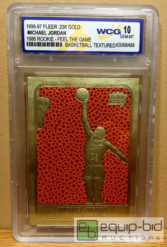 lot 1066 image: MICHAEL JORDAN 1986 Fleer ROOKIE Feel The Game 23KT Gold Card GRADED GEM MINT 10 - GRADED VALUE $150