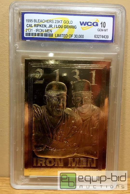 lot 1071 image: Cal RIPKEN & Lou GEHRIG 1995 Iron Men 23KT Gold Card Sculpted Graded GEM MINT 10 - GRADED VALUE $125