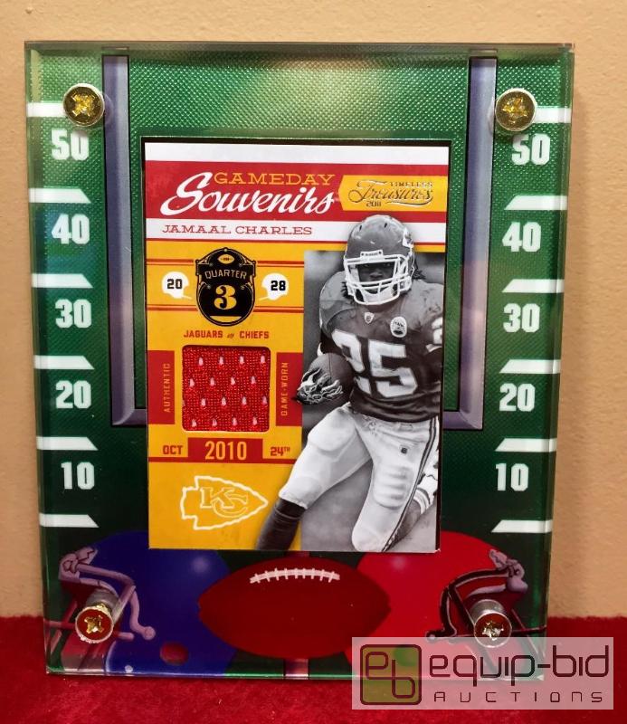 lot 1076 image: JAMAAL CHARLES GAME USED JERSEY CARD #21165 - AMAZINGLY RARE -BEAUTIFUL FOOTBALL 12 DISPLAY HOLDER