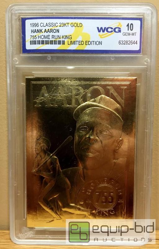 lot 1077 image: HANK AARON 755 Home Run King 1996 Sculptured 23KT Gold Card GEM MINT 10 - GRADED VALUE $120