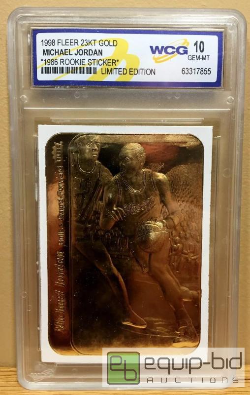 lot 1082 image: MICHAEL JORDAN 1986 Fleer ROOKIE STICKER 23KT Gold Card White Border - GRADED VALUE $125