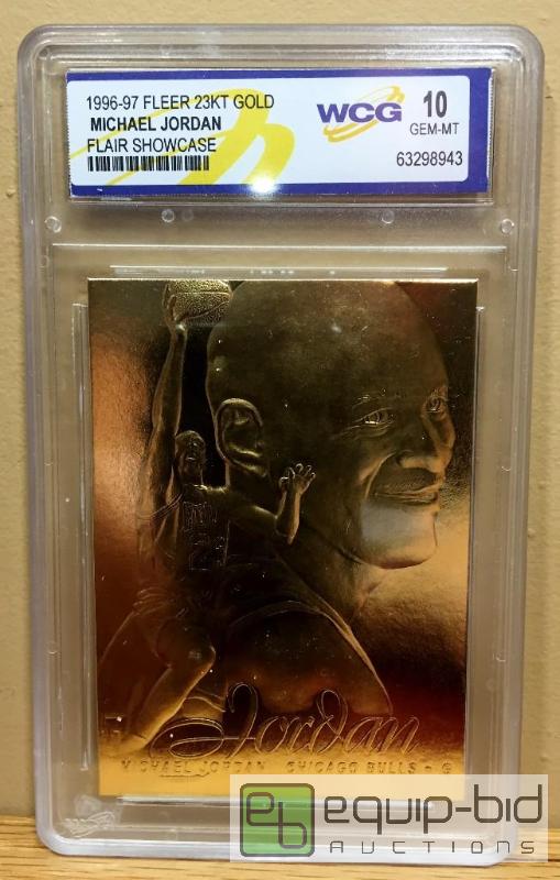 lot 1092 image: MICHAEL JORDAN 1997 Fleer FLAIR SHOWCASE 23KT Gold Card Graded GEM MINT 10 - GRADED VALUE $125