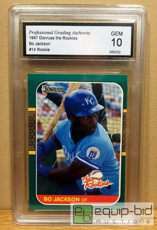 lot 1098 image: 1987 BO JACKSON DONRUSS ROOKIE CARD - GRADED 10 - IMPOSSIBLE FIND GRADED GEM MINT VALUE $150