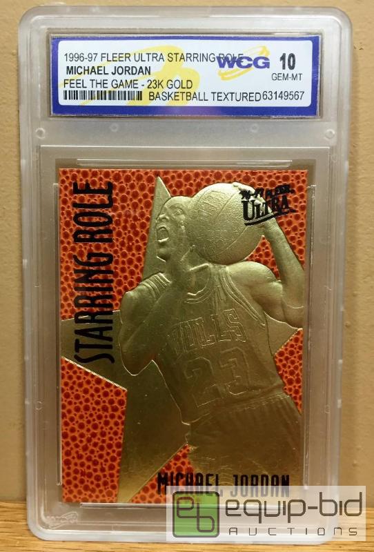 lot 1117 image: MICHAEL JORDAN 1996-97 Fleer Starring Role FEEL GAME 23KT Gold Card GEM MINT 10 - GRADED VALUE $150