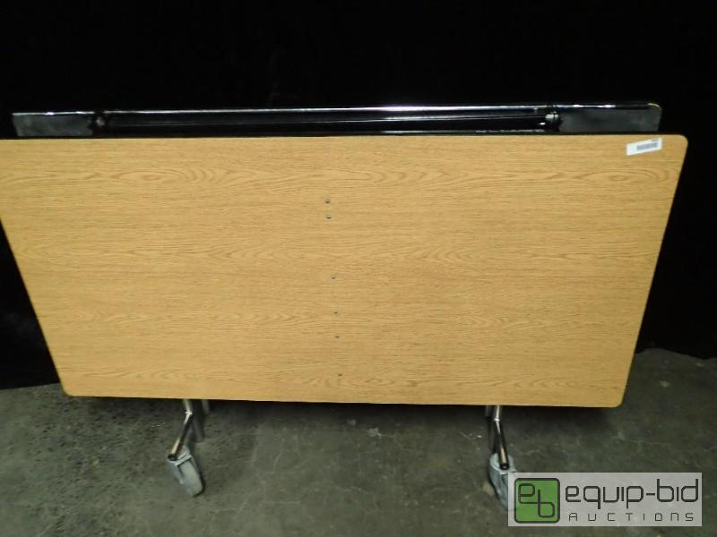 lot 9480 image: 60 x 60 Wood Folding Tableff with Metal Legs on Casters