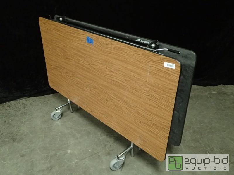 lot 9481 image: 60 x 60 Wood Folding Tableff with Metal Legs on Casters