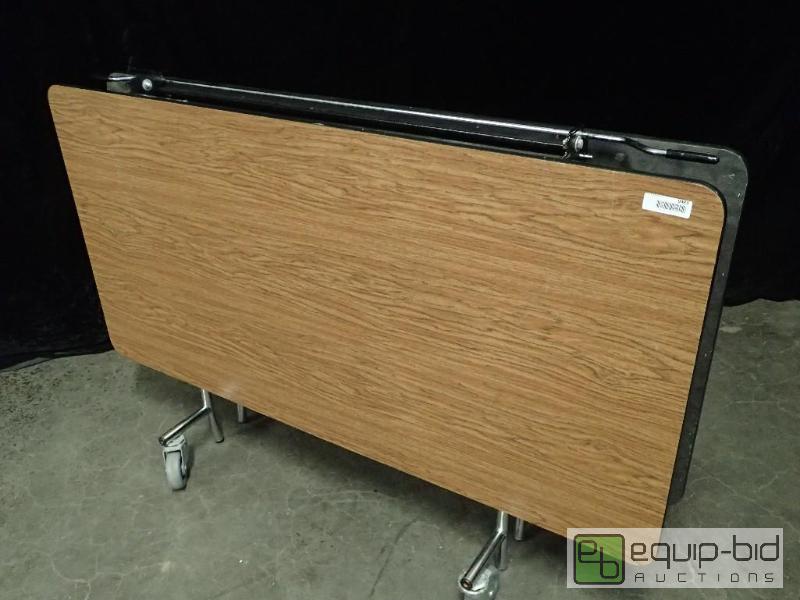 lot 9483 image: 60 x 60 Wood Folding Tableff with Metal Legs on Casters