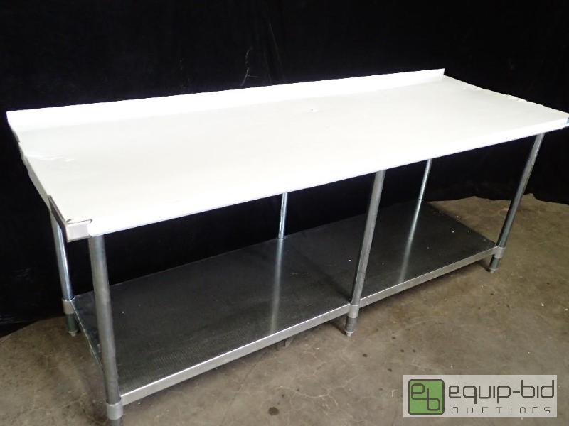 lot 9712 image: BK Resources VTTR-8430 Stainless Steel Work Table w Backsplash